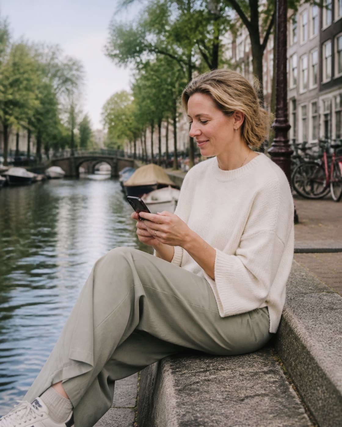 Een reiziger zoekt via haar telefoon een passende dienst in een nieuwe stad