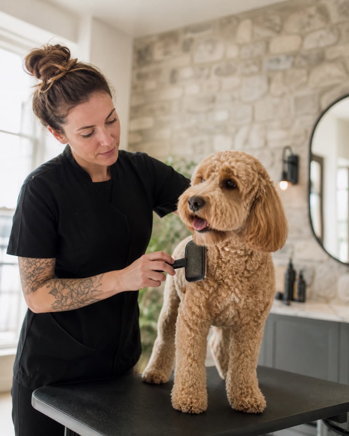 Een hondentrimmer verzorgt de vacht van een hond