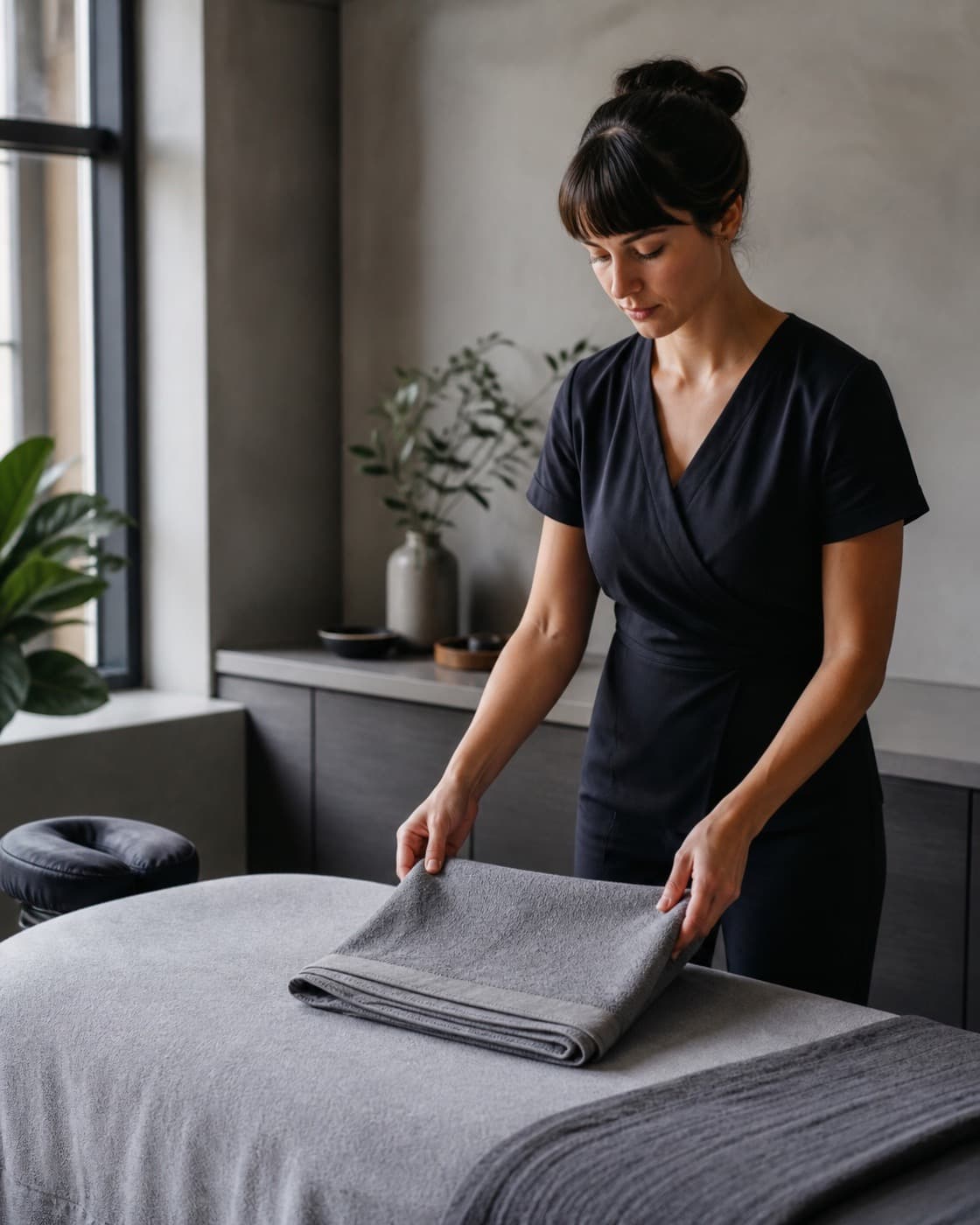 Een wellnessprofessional bereidt een behandelruimte voor