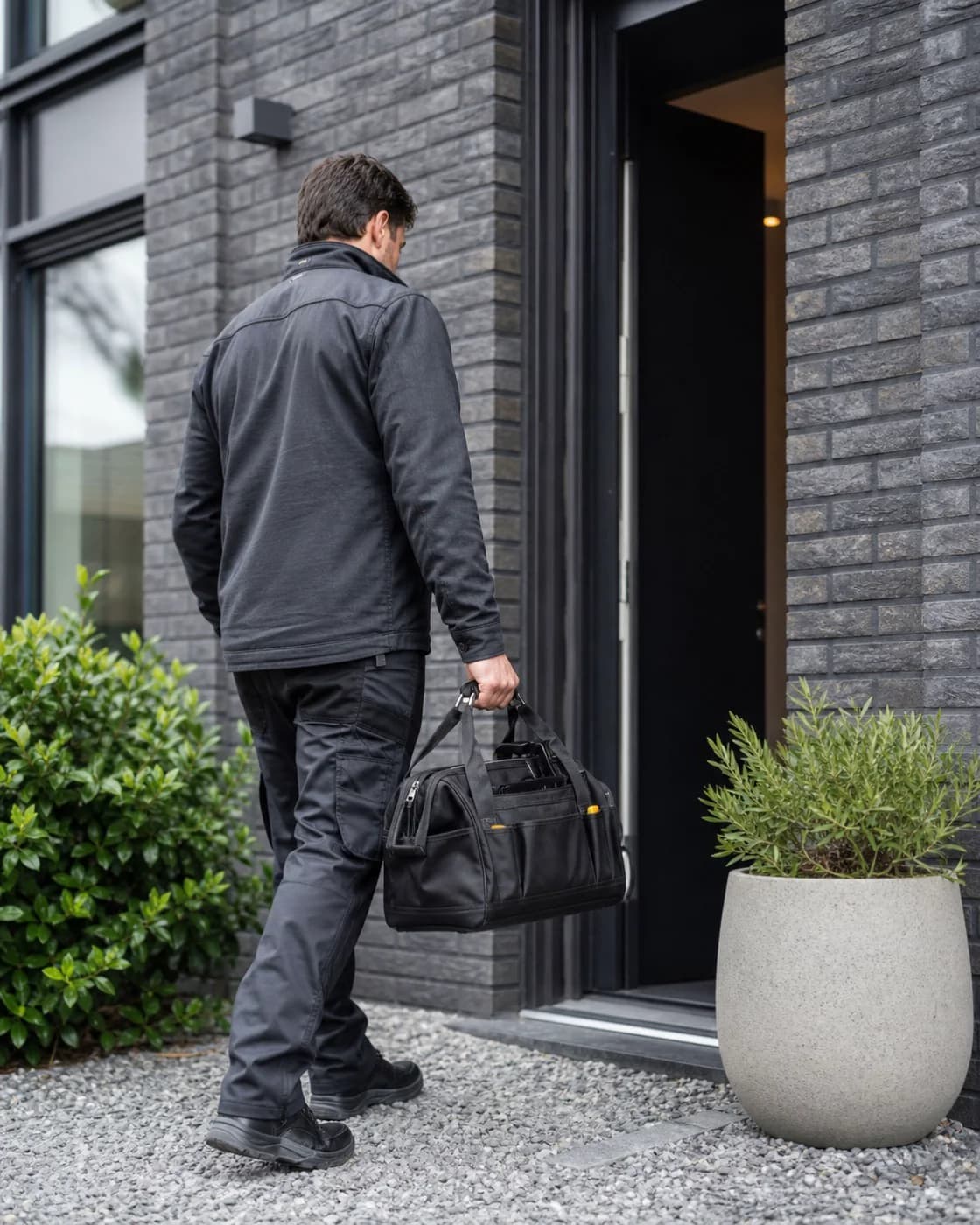A local professional arrives with tools at a home